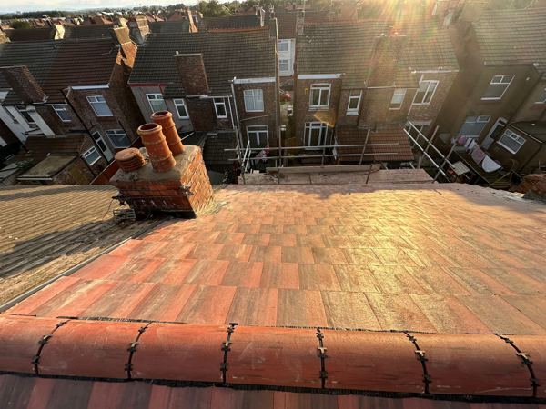 The rear slope and party-wall chimney in low sun, over the terrace backs