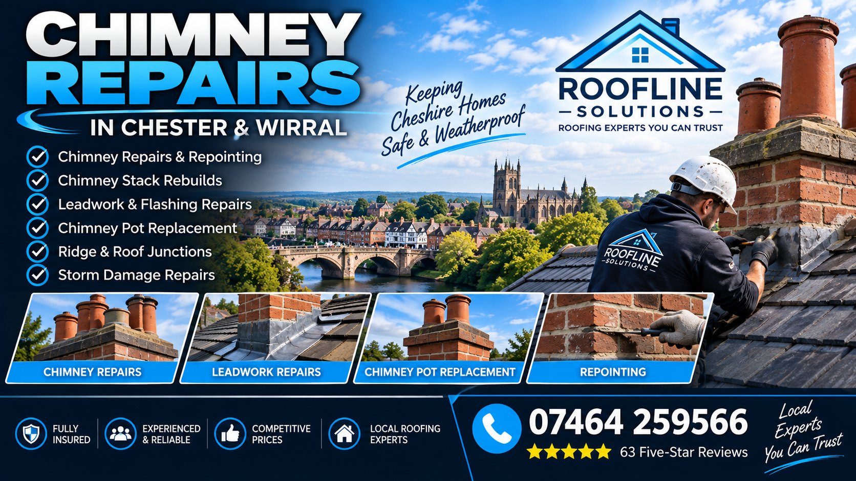 Chimney repairs, repointing, leadwork and pot replacement across Chester, Cheshire and the Wirral by Roofline Solutions