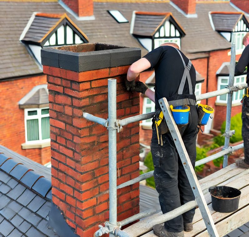 A rebuilt stack head with a new coping, still on the scaffold