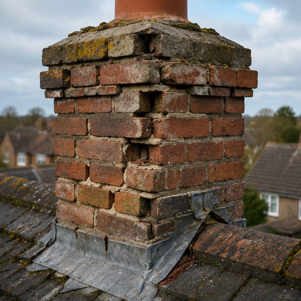A stack at the end of its jointing — spalled brick, open beds and lifted lead