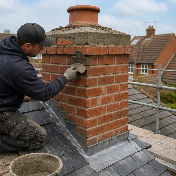 Forming new mortar around the pot on the head of a repointed stack