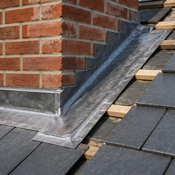 A stepped side flashing and front apron dressed into a slate roof at the base of a stack