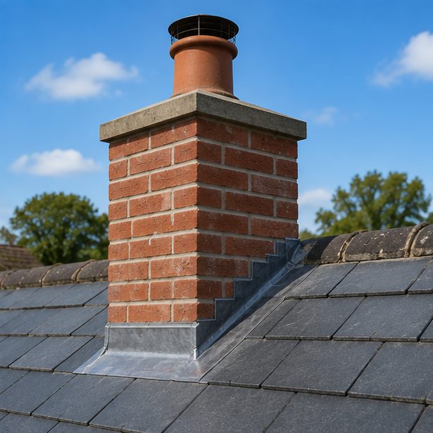 A finished stack — new coping, a guard over the pot and stepped lead dressed into the slates