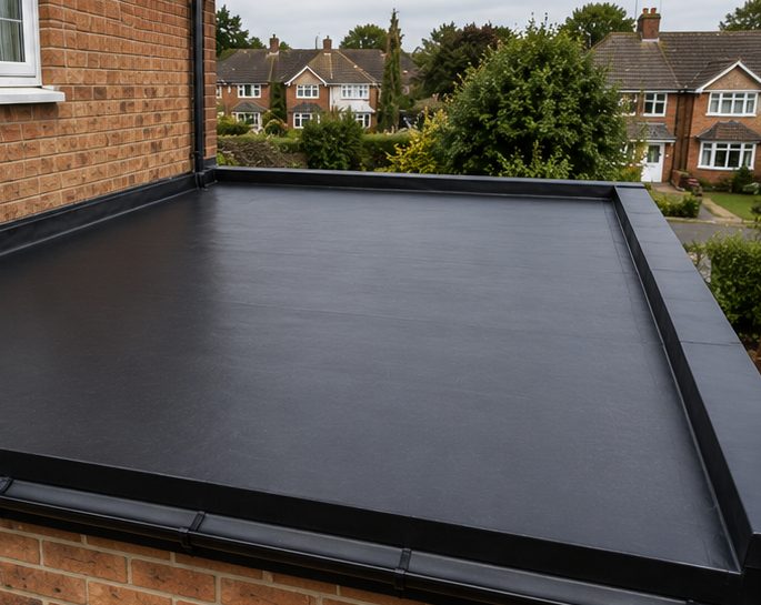 A finished EPDM roof with black edge trims and the rainwater outlet in place