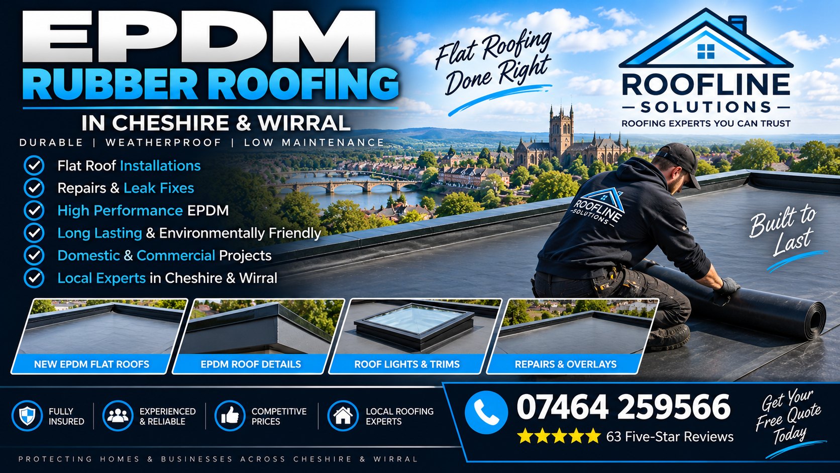 Flat roof repairs and EPDM rubber roof replacement across Chester, Cheshire and the Wirral by Roofline Solutions