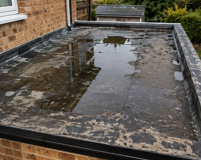 Water lying across an old felt flat roof, the surface broken up along the joints where it has given up