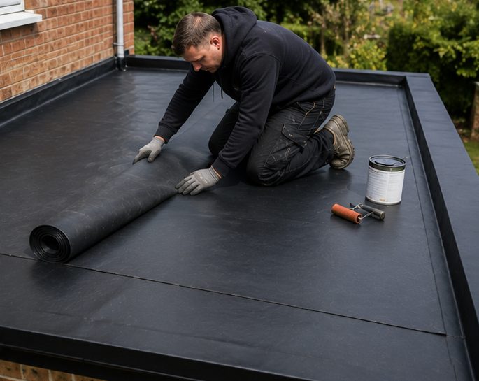 A roofer unrolling a single EPDM sheet across a prepared deck, the adhesive tin and roller beside him