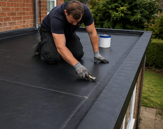 The sheet being worked down over the edge trim with a roller so the bond runs the full length of the edge