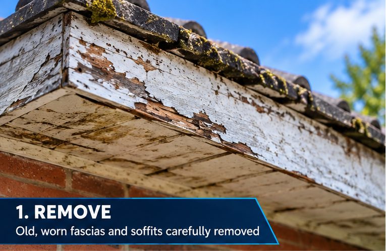 Old timber fascia with flaking paint and rot before replacement