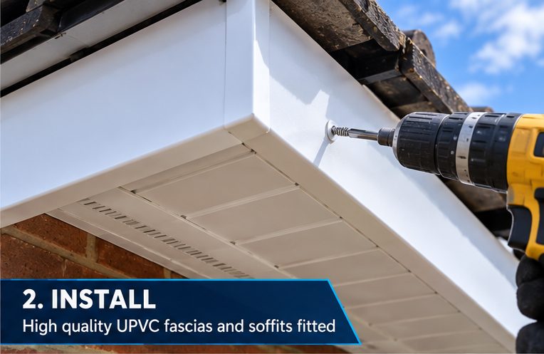 Rotten fascia and soffit boards being taken off