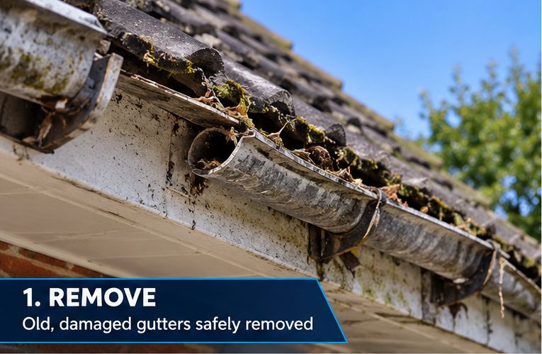 Old guttering blocked with moss and debris before removal
